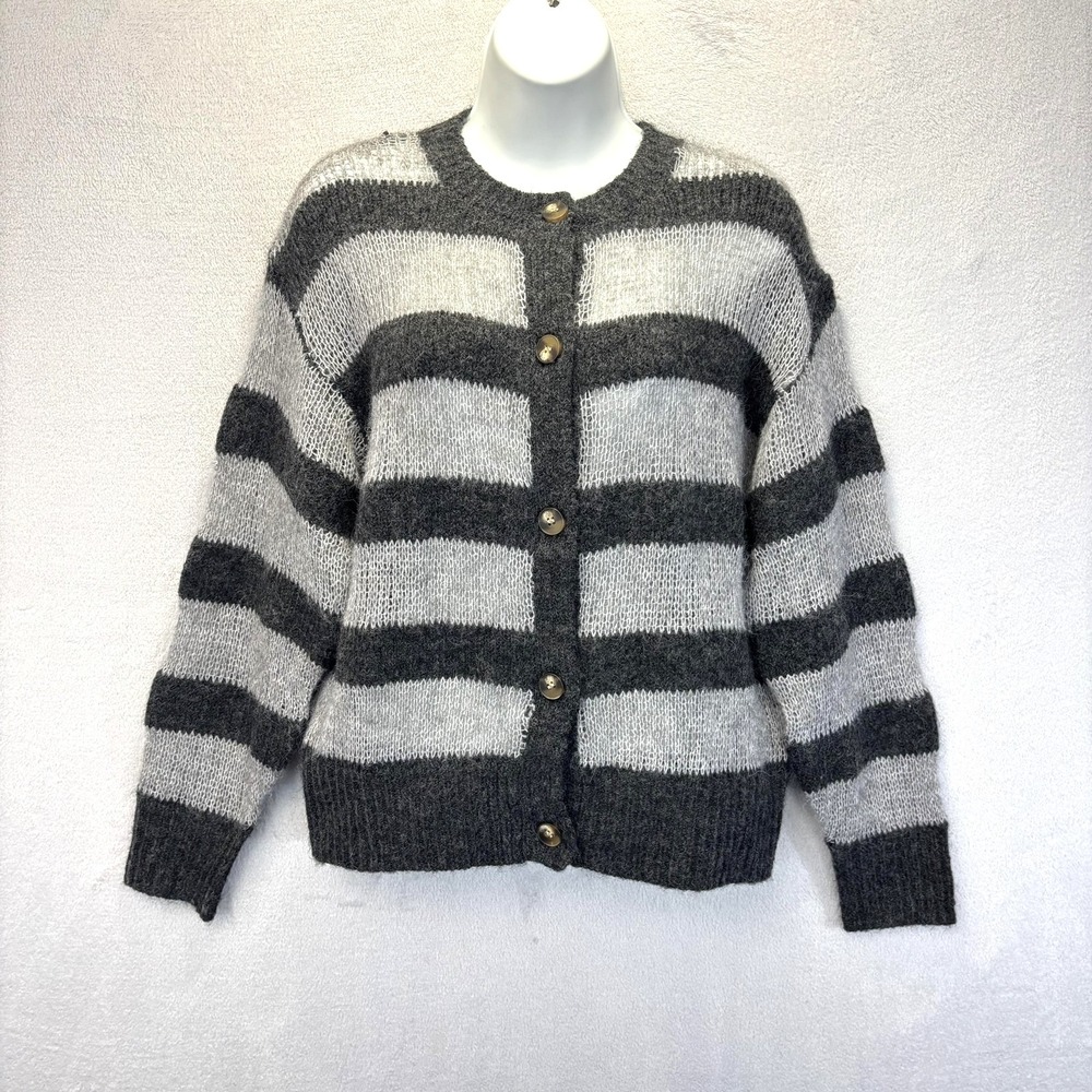 Zara Open-Knit Alpaca Blend Cardigan Sweater Womens Small Gray Oversized Relaxed